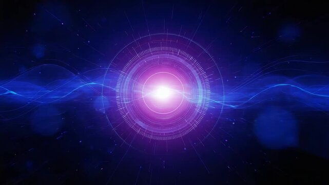 Futuristic abstract glowing purple and blue energy core with radiating light waves and circular patterns on dark background
