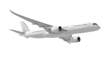 White airplane Airbus A350 side view low angle isolated on a transparent background. Modern passenger jet airplane.