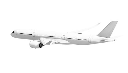 White airplane Airbus A350 side view angle isolated on a transparent background. Modern passenger jet airplane.