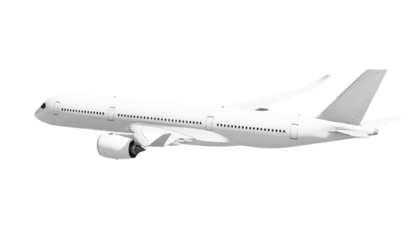 White airplane Airbus A350 side view angle isolated on a transparent background. Modern passenger jet airplane.