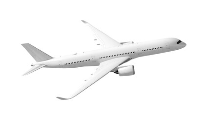 White airplane Airbus A350 side view angle isolated on a transparent background. Modern passenger jet airplane.