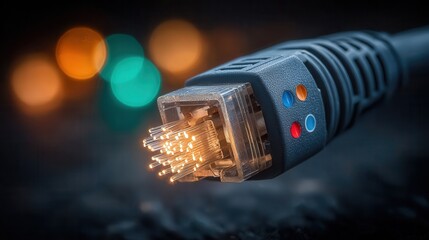 Experience lightning-fast data transfer with glowing fiber optic cable, symbolizing modern connectivity and technological advancement.