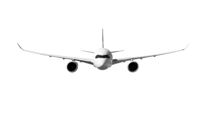 White airplane Airbus A350 front view angle isolated on a transparent background. Modern passenger jet airplane.