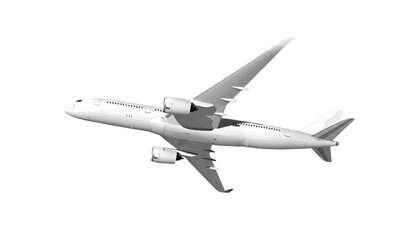 White airplane Airbus A350 side view low angle isolated on a transparent background. Modern passenger jet airplane.