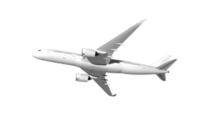 White airplane Airbus A350 side view low angle isolated on a transparent background. Modern passenger jet airplane.