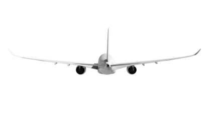 White airplane Airbus A350 rear back view angle isolated on a transparent background. Modern passenger jet airplane.