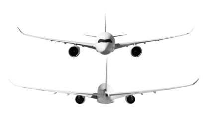 White airplane Airbus A350 front and rear back view angle isolated on a transparent background. Modern passenger jet airplane.