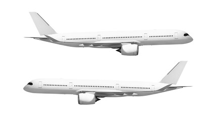 White airplane Airbus A350 side view right and left angle isolated on a transparent background. Modern passenger jet airplane.