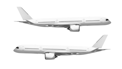 White airplane Airbus A350 side view right and left angle isolated on a transparent background. Modern passenger jet airplane.