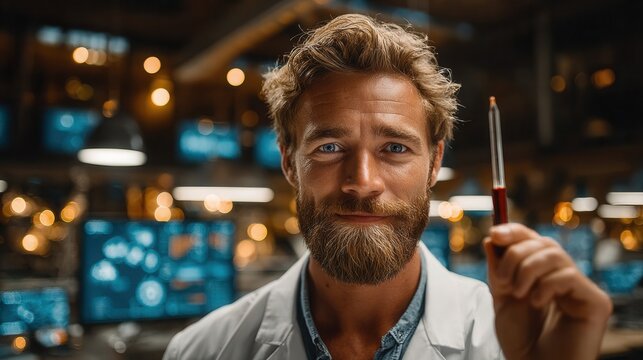 Focused scientist examines blood sample with pipette in futuristic lab, showcasing medical research and innovation for healthcare advancements.