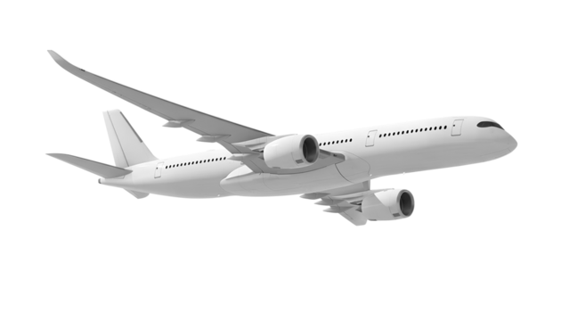 White airplane Airbus A350 side view low angle isolated on a transparent background. Modern passenger jet airplane.