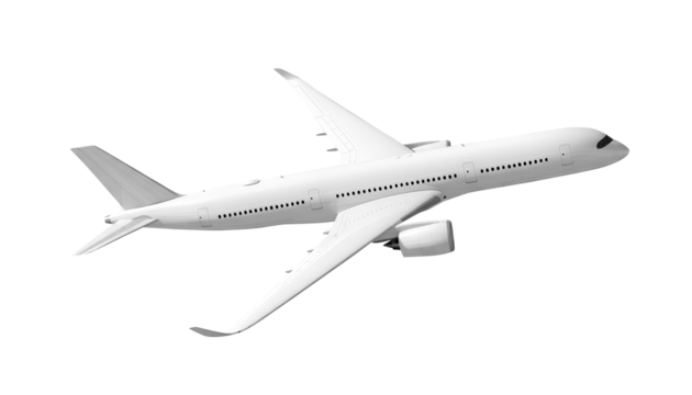 White airplane Airbus A350 side view angle isolated on a transparent background. Modern passenger jet airplane.