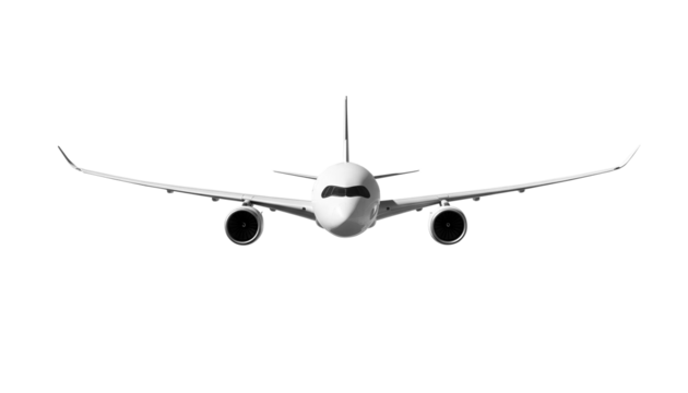 White airplane Airbus A350 front view angle isolated on a transparent background. Modern passenger jet airplane. - Powered by Adobe
