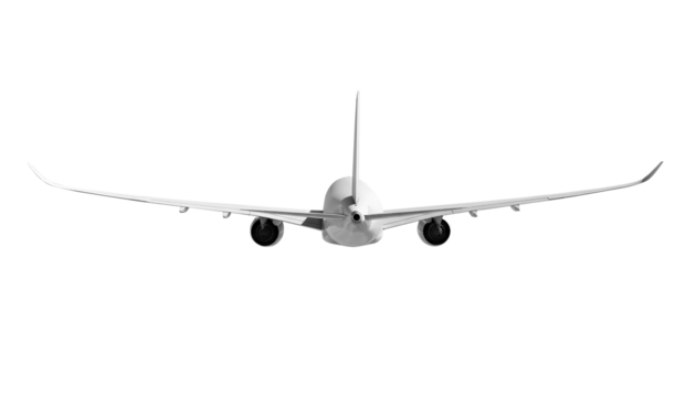 White airplane Airbus A350 rear back view angle isolated on a transparent background. Modern passenger jet airplane.