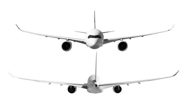 White airplane Airbus A350 front and rear back view angle isolated on a transparent background. Modern passenger jet airplane.