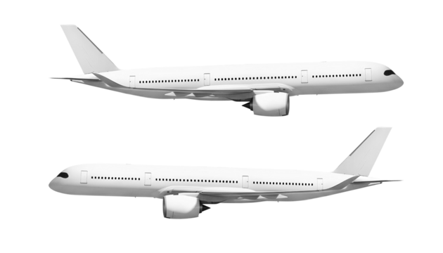 White airplane Airbus A350 side view right and left angle isolated on a transparent background. Modern passenger jet airplane.
