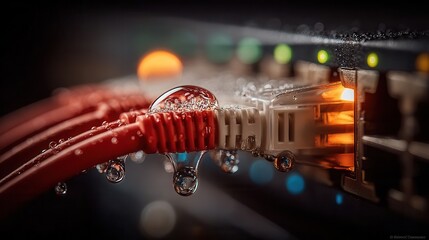 Water droplets cascade dramatically over wet network cables and server equipment, highlighting digital connection vulnerability and resilience.