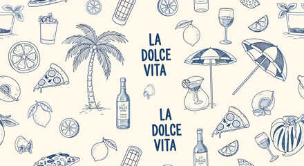 La Dolce Vita themed background with food and drink illustrations.