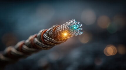 Experience blazing fast connections with cutting edge fiber optic technology radiating brilliant light and energy, powering global communication networks.