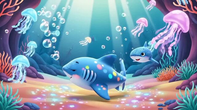 Whimsical illustration of a joyful baby shark exploring a luminous underwater world, with jellyfish dancing in the serene background
