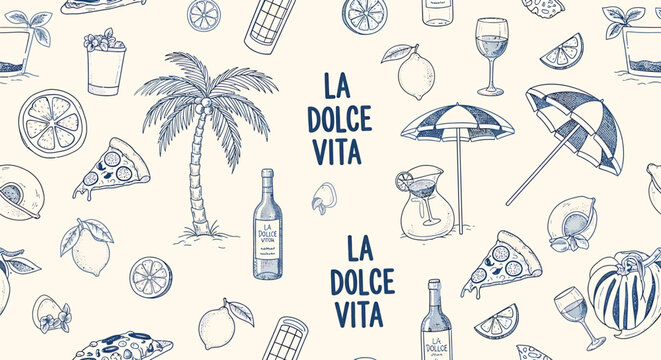 La Dolce Vita themed background with food and drink illustrations.