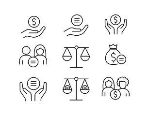A set of vector icons representing the concept of equal pay and fair compensation, created in line style with editable stroke