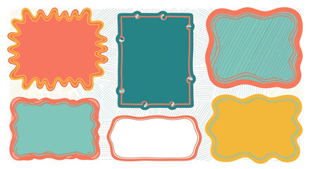 A collection of six colorful, decorative frames with unique shapes and designs.