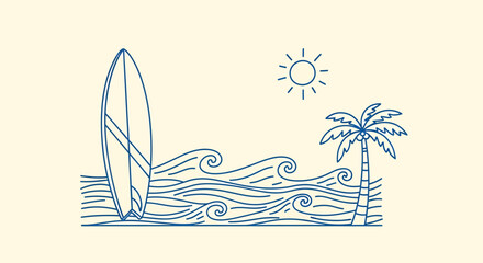 A minimalist blue line drawing of a surfboard standing on a beach with waves and a palm tree under the sun.