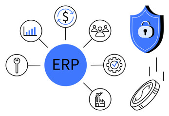 Central ERP hub connected to icons for analytics, finance, workforce, security, tools, process automation, and manufacturing. Ideal for management, technology logistics security optimization