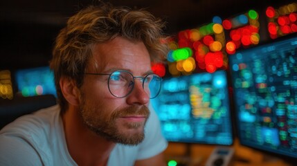 Focused analyst intently studies complex data streams on multiple glowing monitors, symbolizing modern finance and technology insights.