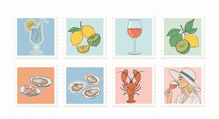 A collection of eight postage stamps featuring summer-themed illustrations of food and drinks.