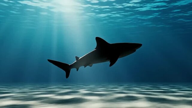 A small baby shark swimming gracefully in the pristine ocean background, bathed in dappled sunlight