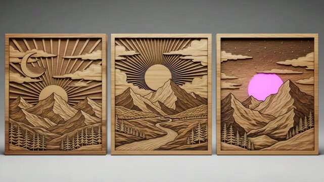 Creative Wooden Mountain Scenery Triptych with Integrated LED Illumination.