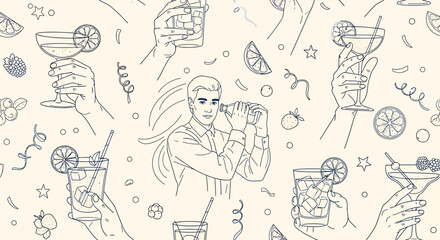 Line drawing of a bartender shaking a cocktail surrounded by hands holding drinks and garnishes.