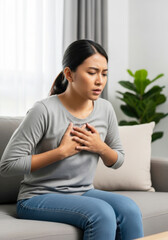 Obraz premium Woman Suffering from Shortness of Breath While Sitting on Sofa