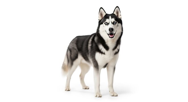 Siberian husky dog standing and looking forward on white background