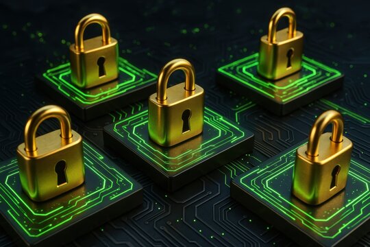Digital Fortress: Illustrates a robust defense against cyber threats with a collection of golden padlocks resting on a futuristic circuit board.