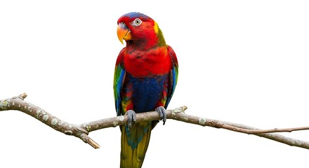 Colorful parrot perched on a branch against a white background
