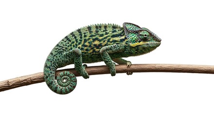 Green chameleon perched on a branch against a white background