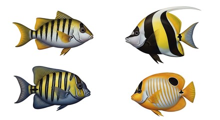 Four colorful tropical fish isolated on white background