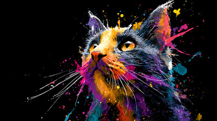 Vivid watercolor-styled feline portrait with splashes of neon colors on a black background with glow