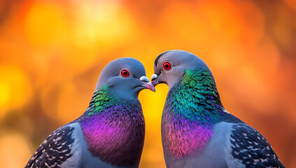 Obraz premium Two pigeons facing each other with a blurred orange background