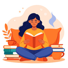 A young woman with dark hair sitting cross-legged on a cushion, engrossed in reading a book, surrounded by a stack of books and a warm beverage.