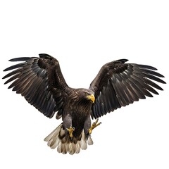 Majestic eagle in flight with wings spread wide against white background
