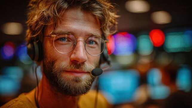 Modern professional man with headset and glasses focused on customer service, radiating competence and approachability in a vibrant tech environment.
