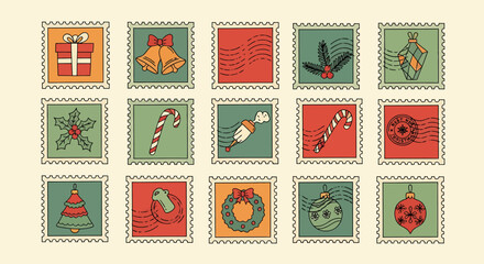 Collection of Christmas themed postage stamps with gift, bells, candy canes, ornaments, and wreath.