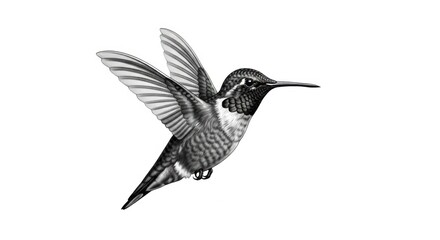 Fototapeta premium Realistic Grayscale Illustration of a Hummingbird in Flight, Detailed Black and White Avian Drawing with Delicate Feathers on an Isolated White Background.