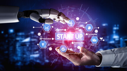 This image depicts a robot hand reaching out to a human hand, symbolizing collaboration in start-up business planning and innovation technology for growth. Tessel
