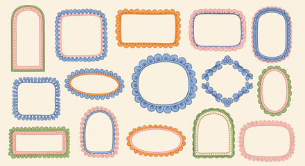 Collection of decorative frames with scalloped edges in various shapes and colors.
