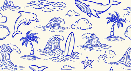 A charming hand-drawn sketch of a beach scene with a whale, dolphin, surfboard, palm trees, and crashing waves.